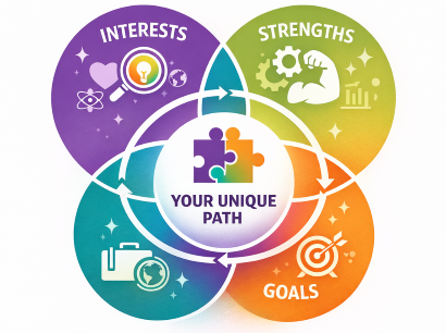 Four interconnected circles that say Interests, Strengths, Goals, and Career with another circle in the middle that says "Your unique path"