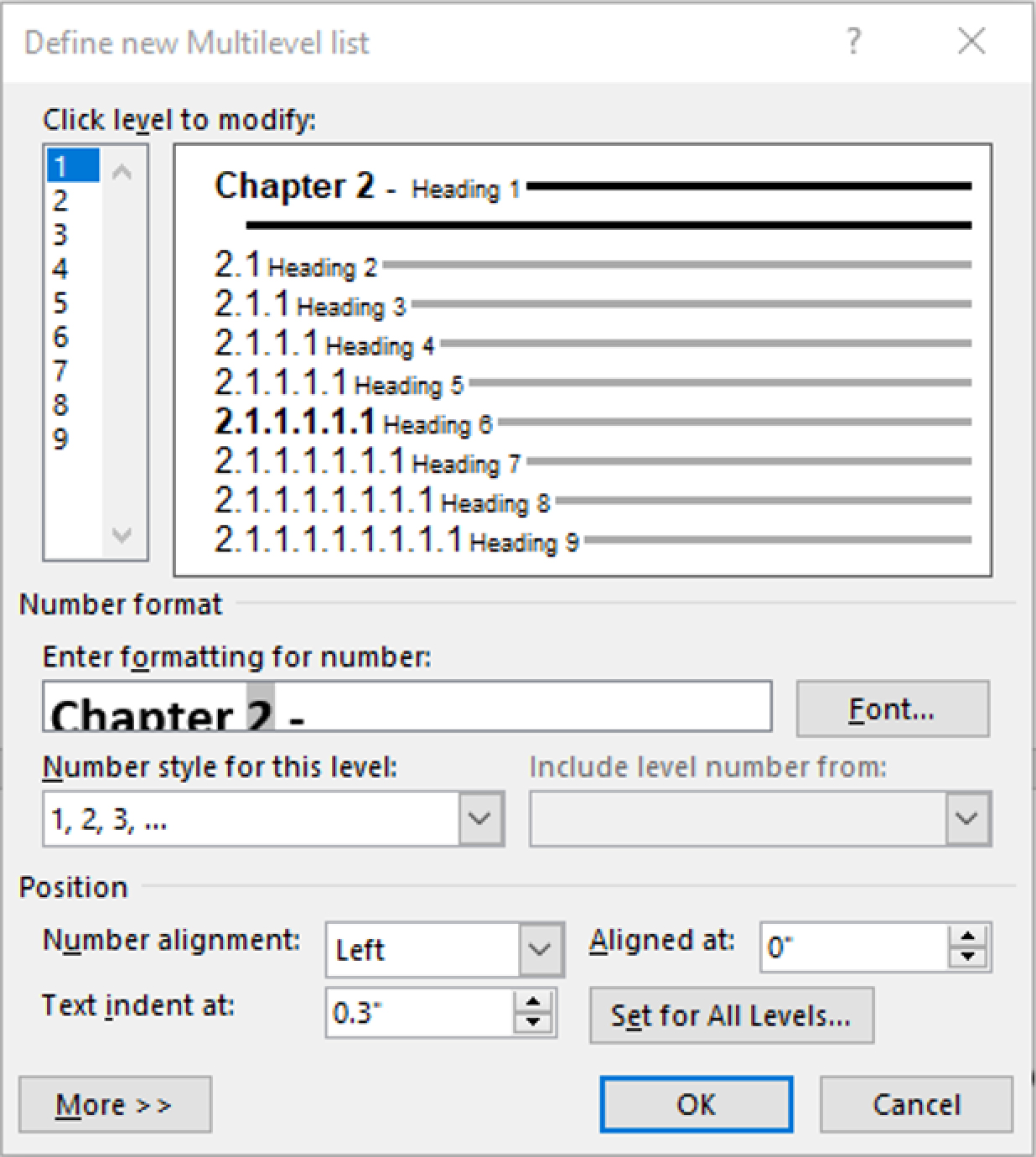 Image showing the Define Multilevel List window