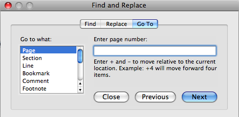 Image showing the Find and Replace dialog box with the Go To tab selected